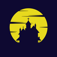 Yellow big moon silhouette with old castle for halloween background