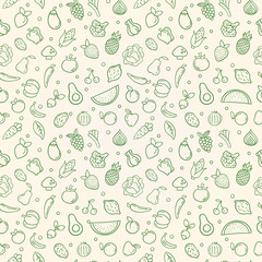 Green food seamless pattern of vegetable fruits