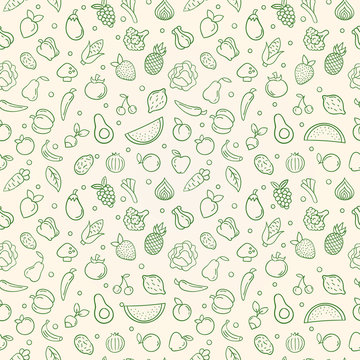 Green Food Seamless Pattern Of Vegetable Fruits