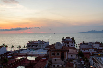 Panoramic view of the malecon, beautiful sunset on the beaches of Puerto Vallarta Jalisco in Mexico