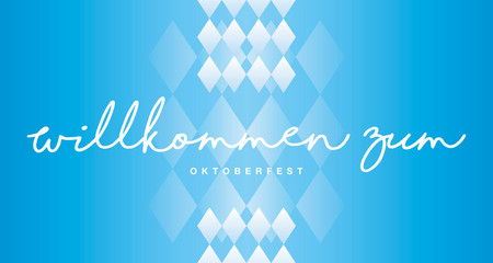 Naklejka premium Welcome to Oktoberfest (German language - Willkommen zum Oktoberfest) handwritten lettering typography blue white background