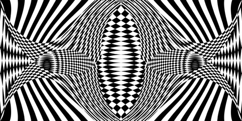 Abstract black and white striped background. Geometric pattern with visual distortion effect. Optical illusion. Op art.