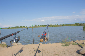 Looking along carp rods towards a pond. Fishing Rods pointing to the lake
