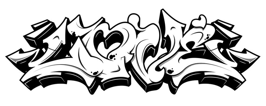 Love in graffiti style. Black line isolated on white background.