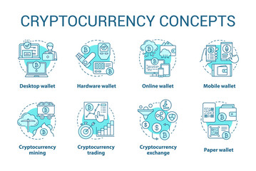 Cryptocurrency concept blue icons set. Digital asset idea thin line illustrations. Online, desktop wallet. Financial transaction. Bitcoin exchange. Vector isolated outline drawings. Editable stroke