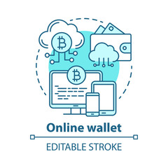 Online wallet blue concept icon. Electronic banking idea thin line illustration. Web wallet in cloud storage. E payment via computing device. Vector isolated outline drawing. Editable stroke