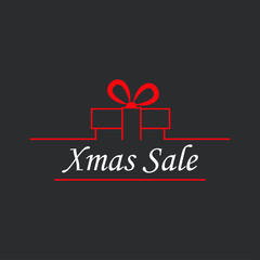 Logotipo con texto Xmas Sale en caja de regalo lineal en blanco y rojo en fondo gris