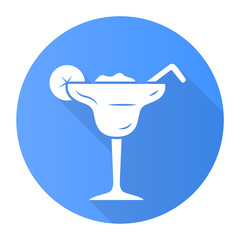 Margarita blue flat design long shadow glyph icon. Footed glass with icy drink, lemon slice, straw. Cocktail with tequila, liqueur, lime juice. Summer party beverage. Vector silhouette illustration