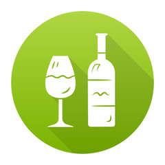 Wine green flat design long shadow glyph icon. Bottle and classic footed glass with wine. Vine tasting. Alcoholic beverage from fermented grapes or fruits. Vector silhouette illustration