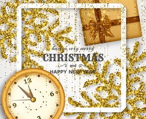 Merry Christmas background with shiny snowflakes, golden balls, clock and gold colored tinsel and streamer. Greeting card and Xmas template. Five minutes to midnight