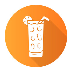 Cocktail in highball glass orange flat design long shadow glyph icon. Summer icy refreshing soft drink with slice of lemon and straw. Tumbler with gin and tonic. Vector silhouette illustration