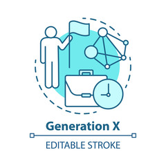 Generation X concept icon. Age group idea thin line illustration. Сareer growth. Personal goals achievement. Leadership skill improvement. Vector isolated outline drawing. Editable stroke