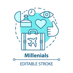 Millennials concept icon. Age group idea thin line illustration. Travelling. Life goals and purposes. Classic lifestyle. Echo boomers. Vector isolated outline drawing. Editable stroke