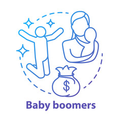 Baby boomers concept icon. Generation idea thin line illustration. Mature people lifestyle. Material prosperity. Life goals and purposes. Motherhood. Vector isolated outline drawing