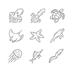 Fototapeta premium Sea animals linear icons set. Swimming octopus, starfish, squid, jellyfish. Marine aquarium. Underwater inhabitants. Thin line contour symbols. Isolated vector outline illustrations. Editable stroke