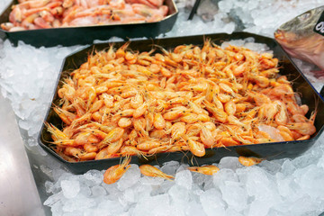 Shrimp on the counter of a shop window in a supermarket, seafood on sale.