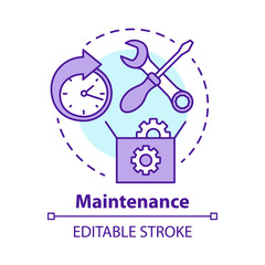 Maintenance concept icon. Round-the-clock workshop. Equipment setup. Repairs. Support. Warranty service idea thin line illustration. Vector isolated outline drawing. Editable stroke
