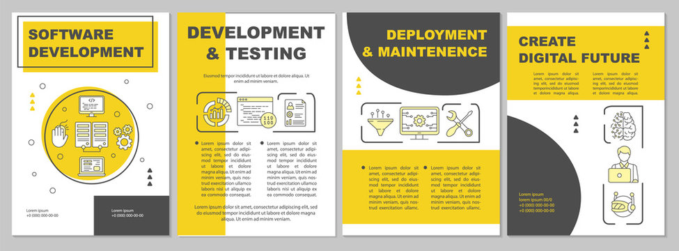 Software development brochure template. Flyer, booklet, leaflet print design, linear illustrations. Testing, maintenance. Vector page layouts for magazines, annual reports, advertising posters