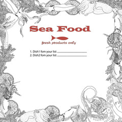 Cooked seafood on top view. Seafood vector illustration. Logo design .