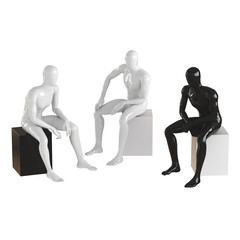 Faceless guys mannequins are sitting on a black and white box. Isolated on white background 3D rendering