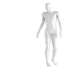 A white faceless guy a mannequin stands and poses. Isolated on a white background. 3D rendering