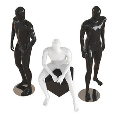 One white faceless mannequin guy sits on a black box and two black mannequin guys stand on each side. View from above. 3D rendering