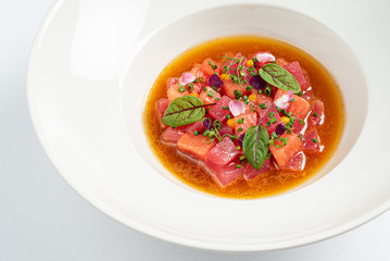 beetroot soup on the white plate