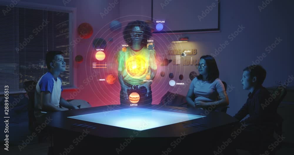 Wall mural teacher using solar system hologram in class