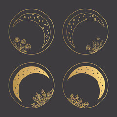 Hand Drawn Set of Gold Frames with Moon and Herbs. Golden Frames with place for text