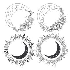 Hand Drawn Set of Frames with Moon and Herbs. Frames with place for text