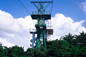 air tour in the cable car over the green forest