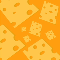Pieces of cheese with holes on orange background. gastronomic background