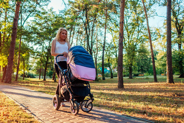 Young mother walking in summer park with baby carriage. Woman spends time with her kid outdoors