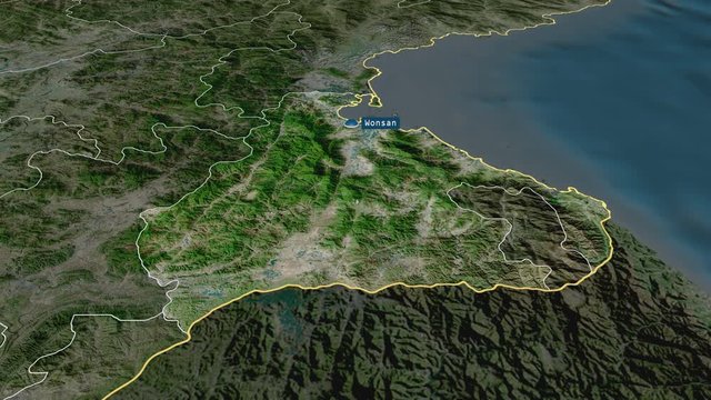 Kangwŏn-do - province of North Korea with its capital zoomed on the satellite map of the globe. Animation 3D