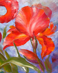 Beautiful flowers irises. Oil painting on canvas