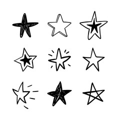 Star doodles set. Hand drawn stars, cartoon collection.