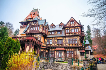 Fototapeta premium Beautiful Pelisor castle in Sinaia, Carpathian Mountains, Romania, Europe. Pelisor castle situated next to the Peles castle.