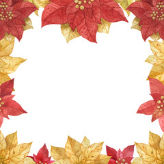 Red Gold Christmas Star Poinsettia Frame, traced watercolor illustration
