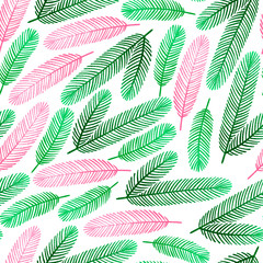 Seamless Christmas pattern with pink and green spruce branches. Winter botanical background.