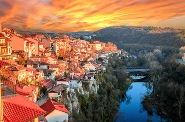 Aerial view of  Veliko Tarnovo in a beautiful autumn day, Bulgaria - obrazy, fototapety, plakaty