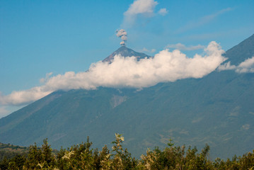  Panoramic view of crater volcan active in Guatemala called Fuego, active volcanic chain, destruction and natural catastrophe