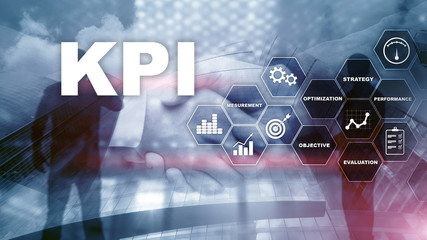 KPI - Key Performance Indicator. Business and technology concept. Multiple exposure, mixed media. Financial concept on blurred background