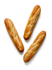 Three French mini baguettes on white background