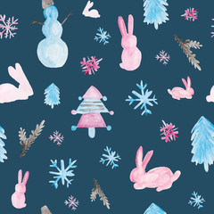 Winter background with snowman, bunny, snow - hand drawn watercolor seamless pattern on blue color