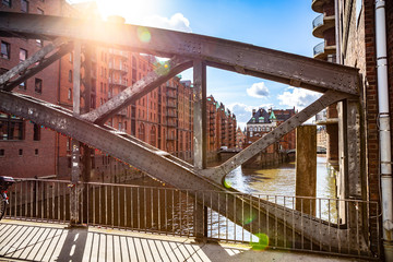 Detail of an old metal bridge in the Speicherstadt in Hamburg Germany
