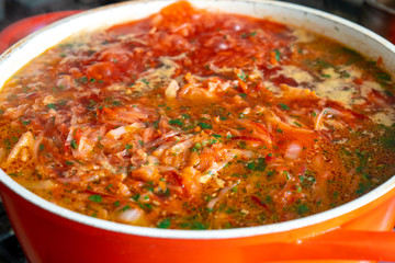 A bowl of red Ukrainian borshch (borsh), healthy food.