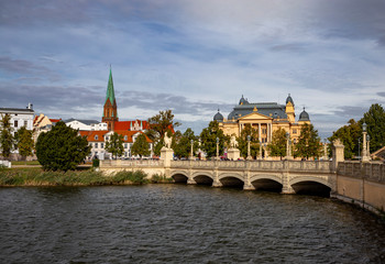 A view on the center of Schwerin, Mecklenburg State Theatre and the Schwerin Cathedral. Germany