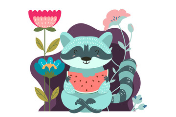 Raccoon with a slice of watermelon in his paws meditates among the flowers. Flat style. Vector