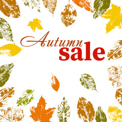 Fototapeta na wymiar Hello autumn. Autumn sale. Vector illustration with prints of different tree leaves