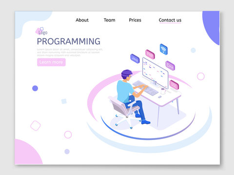 Programmer isometric character. Programming concept, web engineer at work.